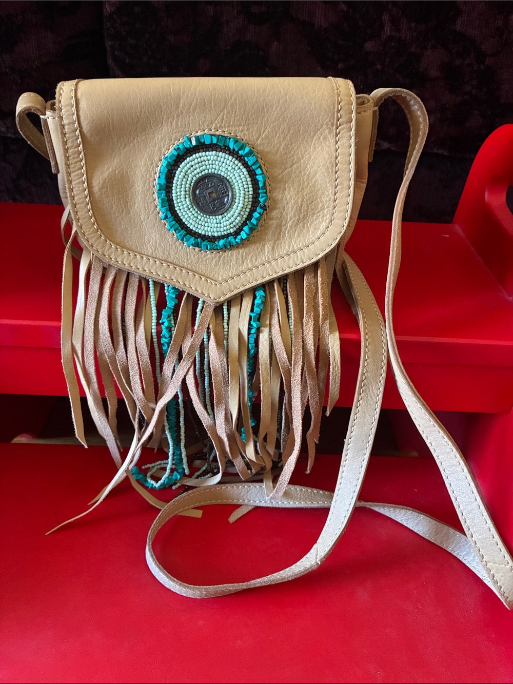 Dan Edelman Beaded Leather Fringe Crossbody Bag in Beige with Turquoise Accents